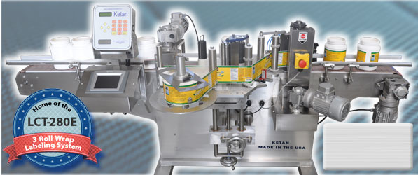 Home of the Ketan LCT-280E wrap around labeler with touch screen control, multi label dispensing, product orientation capable